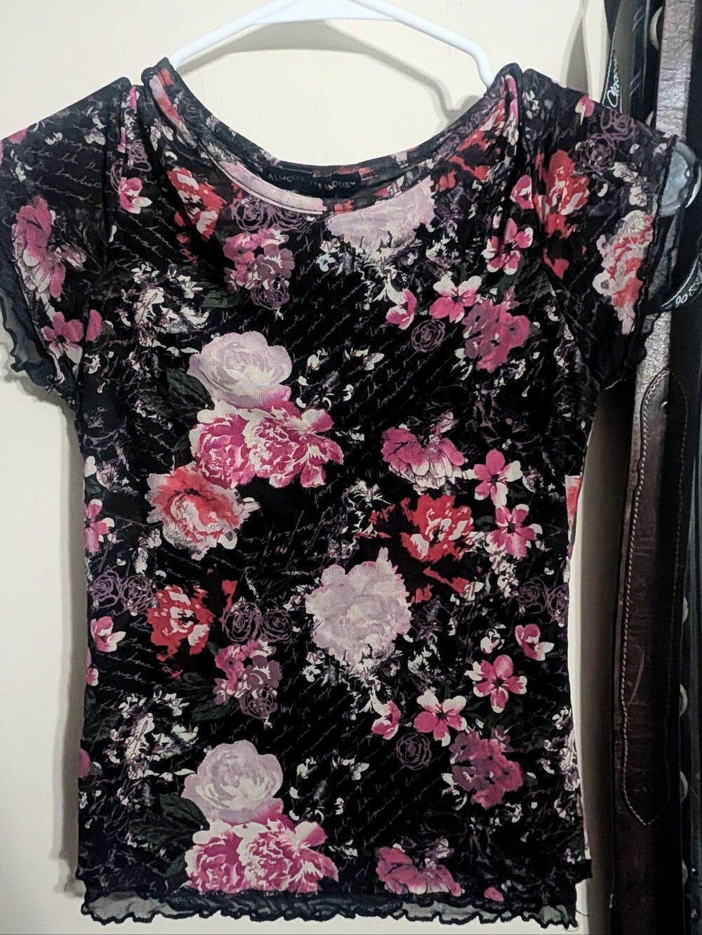 Almost Famous Black Floral Mesh Short Sleeve Top with Pink Florals